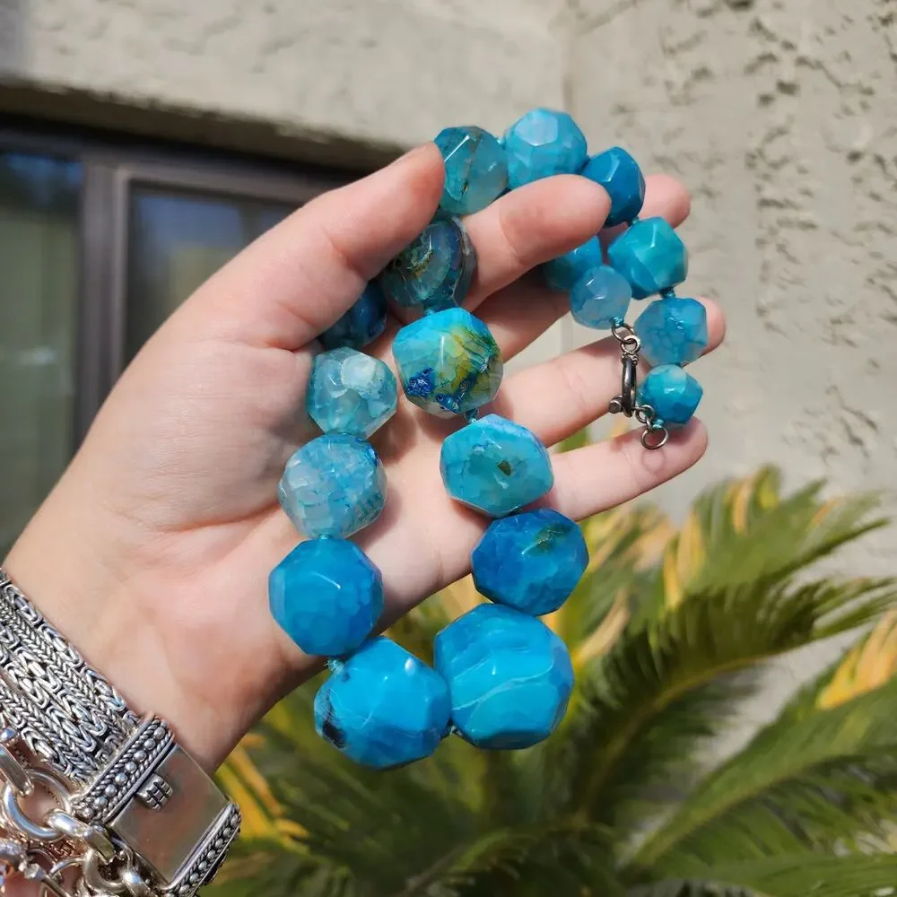 Lucas Lameth Blue Dragon Vein Agate Necklace LUC 925 Chunky Faceted Large Bead - Picture 10 of 11